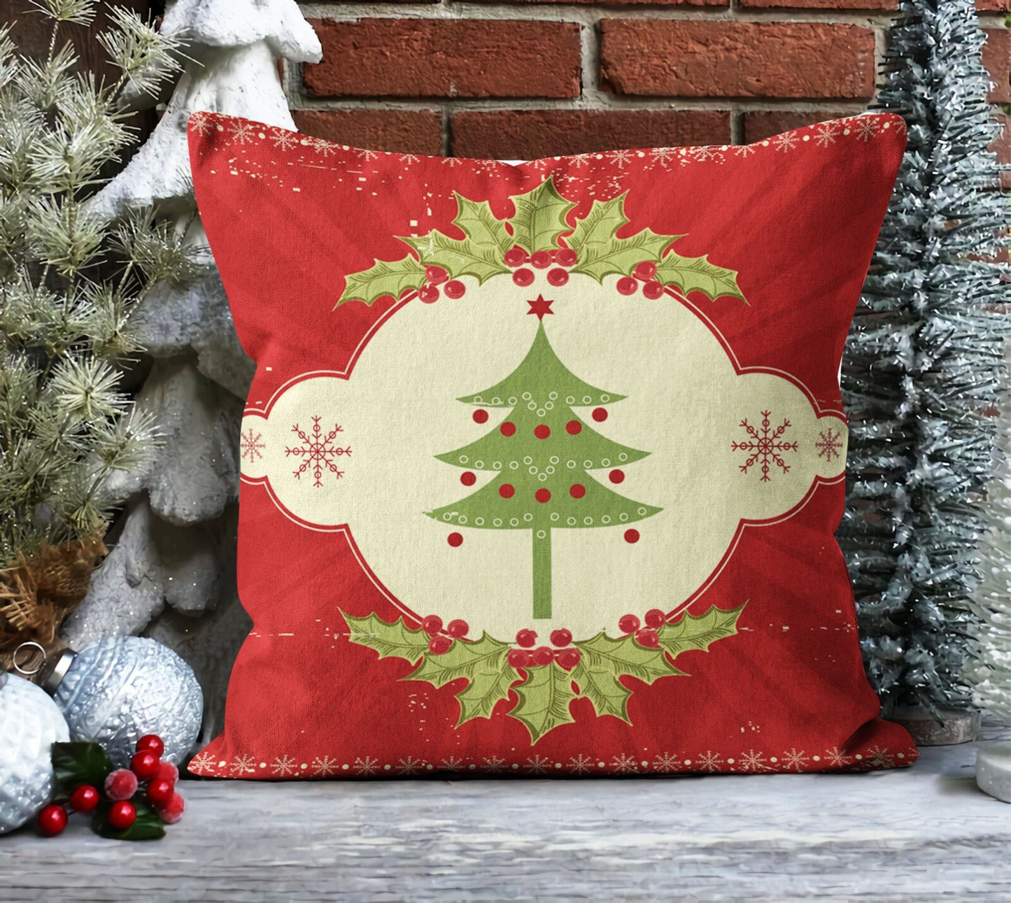 Santa, Red Nordic Christmas, Snowflake Pattern Cushion Cover