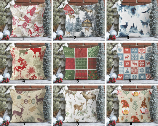 Christmas Red House Cushion Cover, Snow and Deer, Rustic, Noel