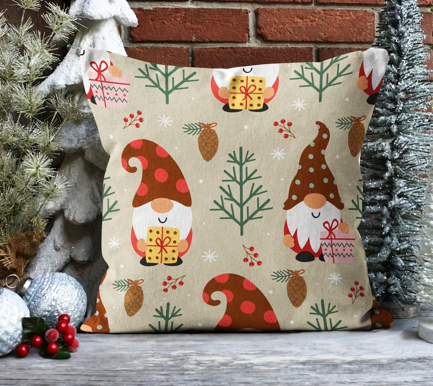 Christmas Red House Cushion Cover, Snow and Deer, Rustic, Noel