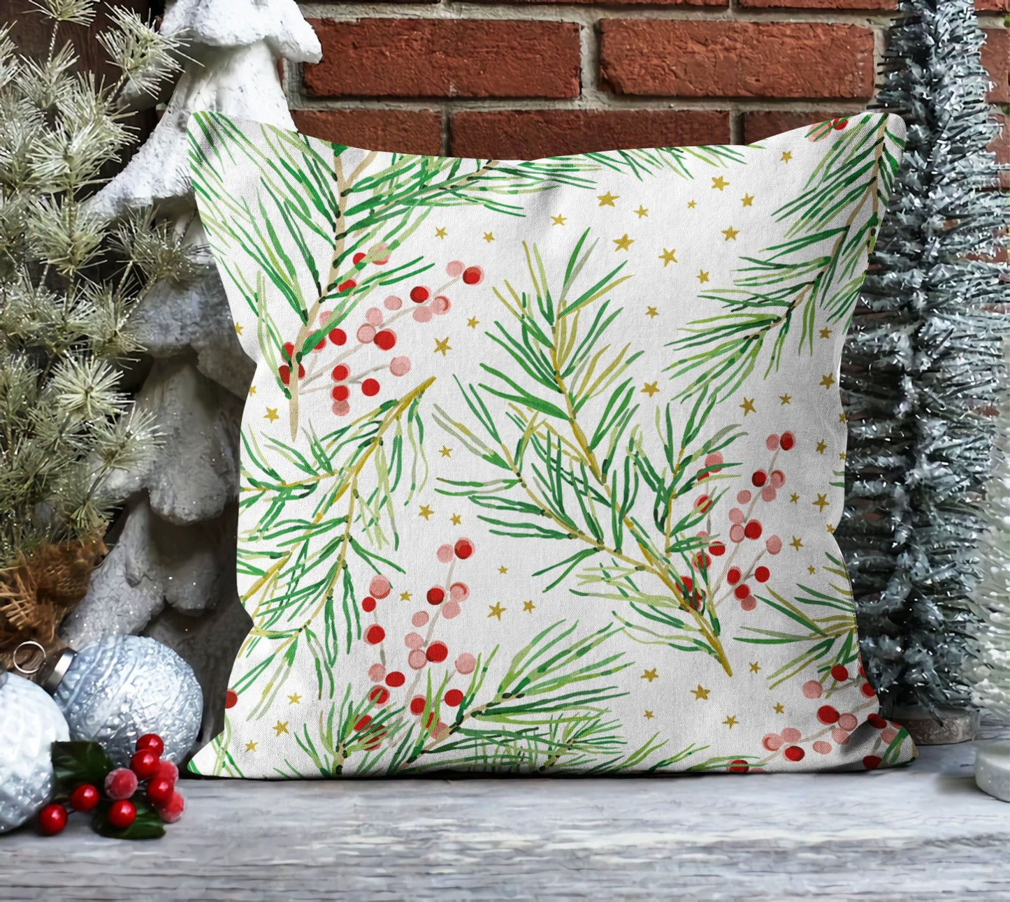 Golden Holly Cushion Cover, Christmas Charm, Eucalyptus and Berry
