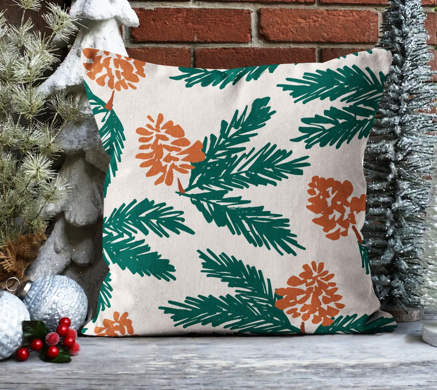 Geometric Christmas Tree, Pinecone and Green Cushion Cover