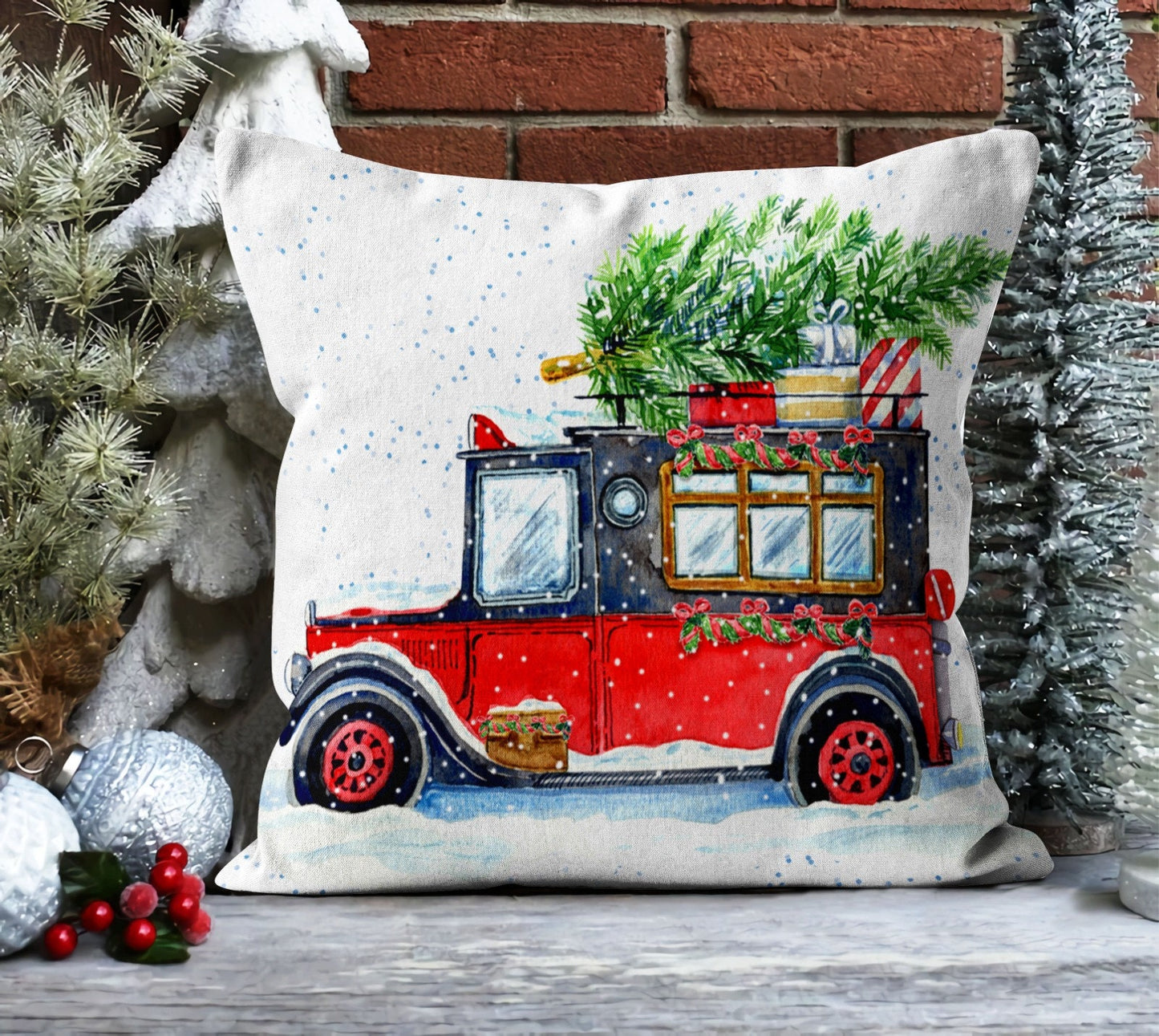 Vintage Christmas House, Truck Cushion Cover, Snowy Landscape