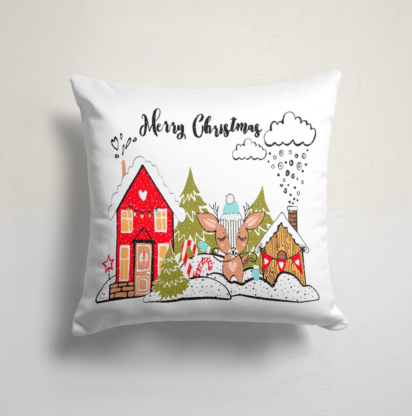 Christmas Cushion Cover with Snowman Reindeer Holly Noel