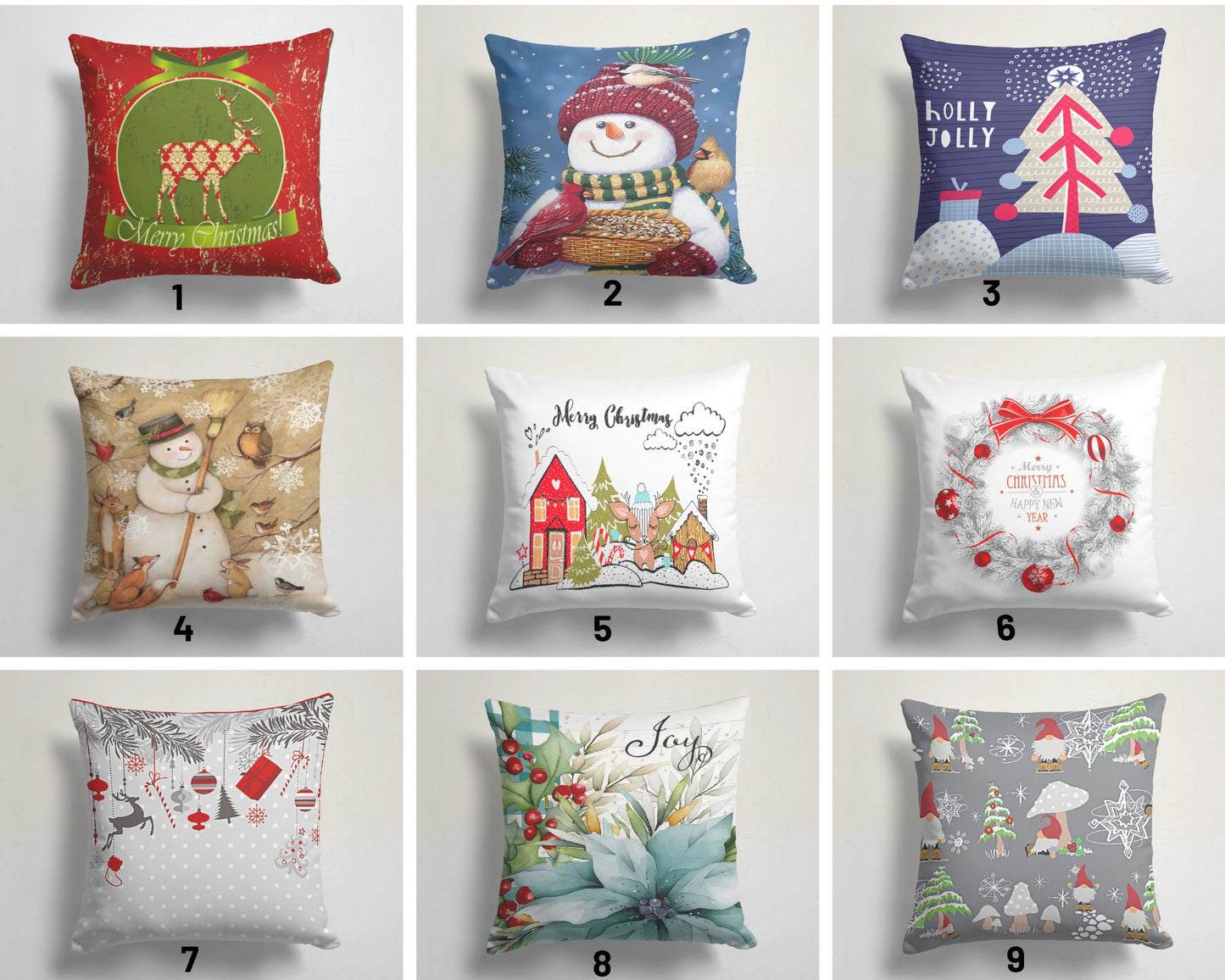 Christmas Cushion Cover with Snowman Reindeer Holly Noel