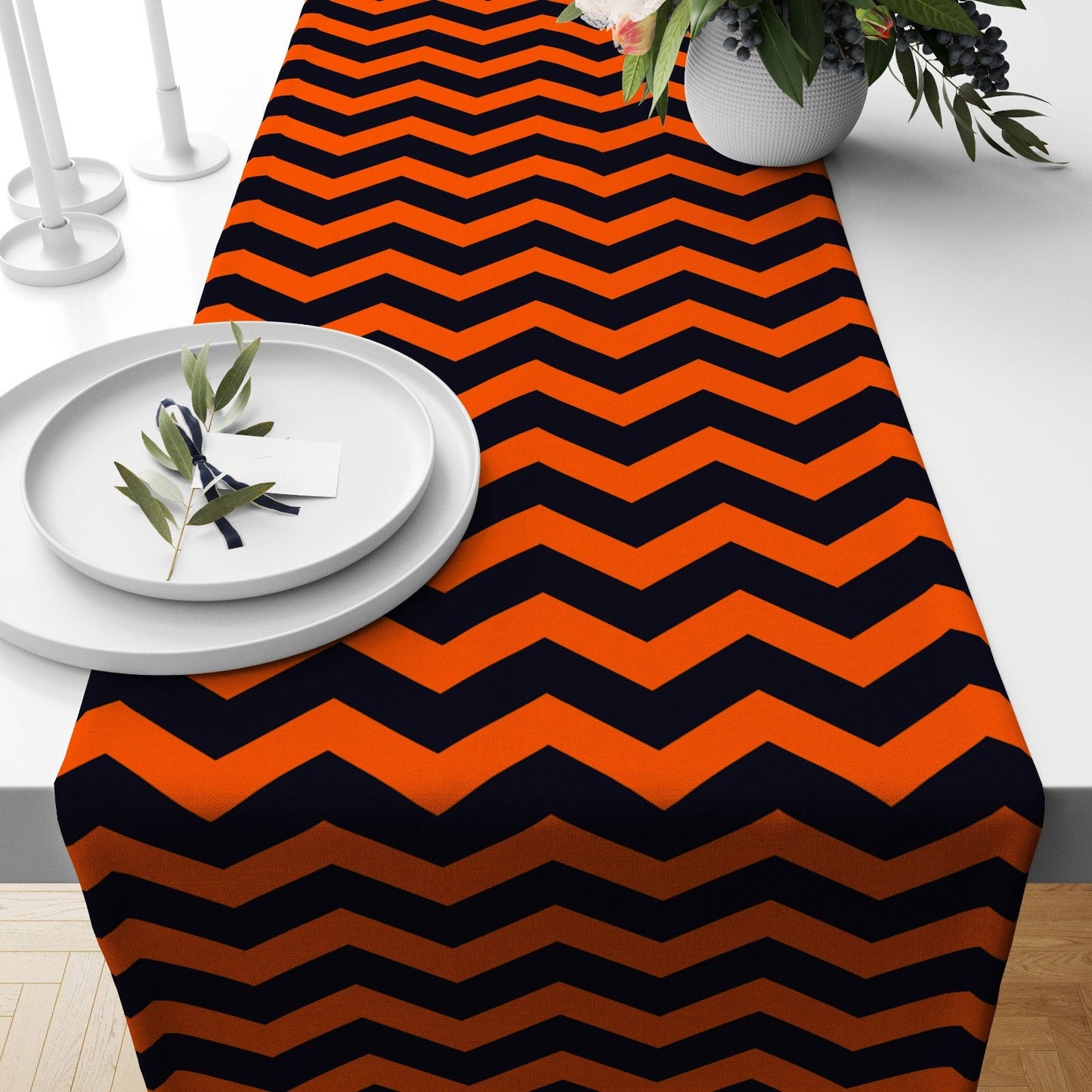 Black Cat Witch Broom Orange Halloween Table Runner