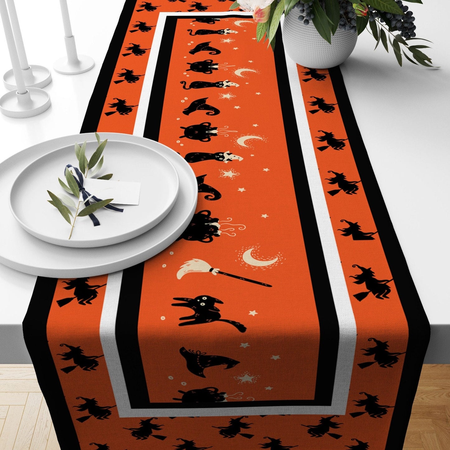 Black Cat Witch Broom Orange Halloween Table Runner