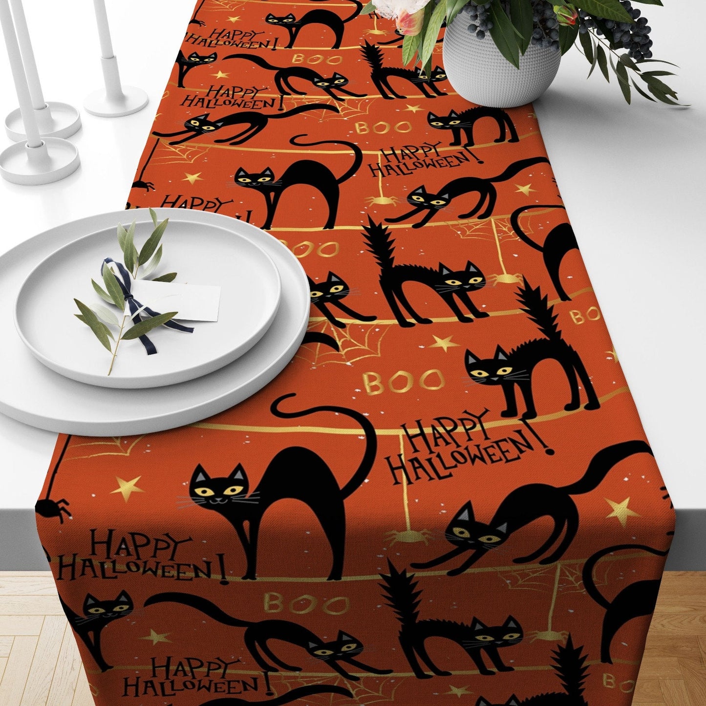 Black Cat Witch Broom Orange Halloween Table Runner
