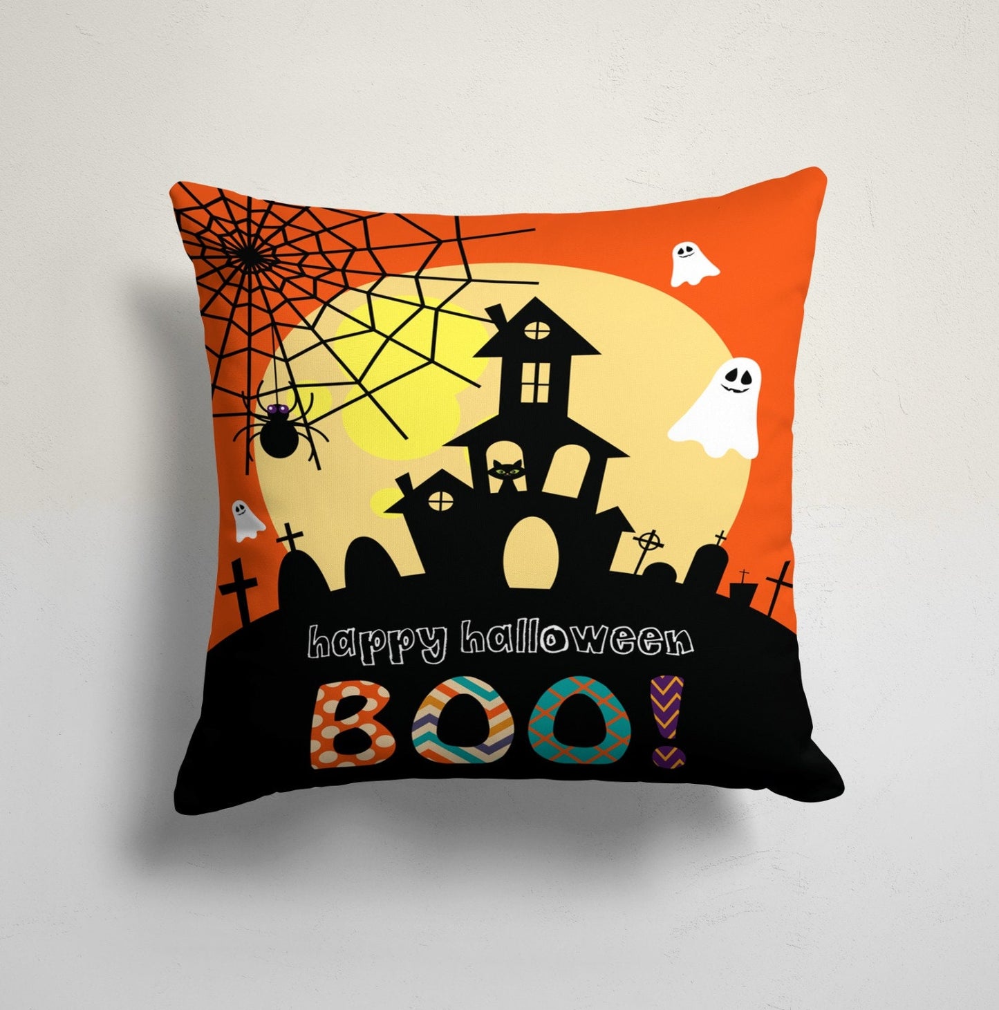 Carved Orange Pumpkin Halloween Cushion Cover with Spider