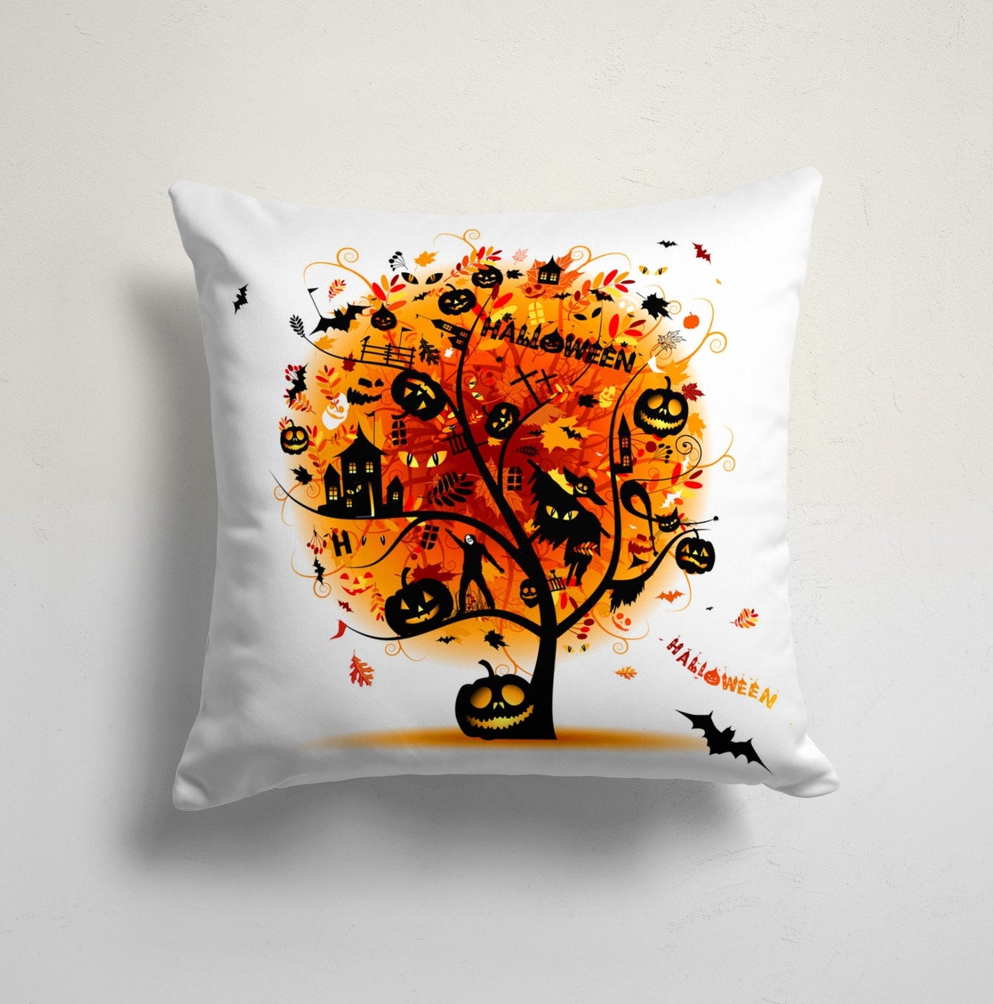 Happy Halloween Trick or Treat Bat and Pumpkin Cushion Cover