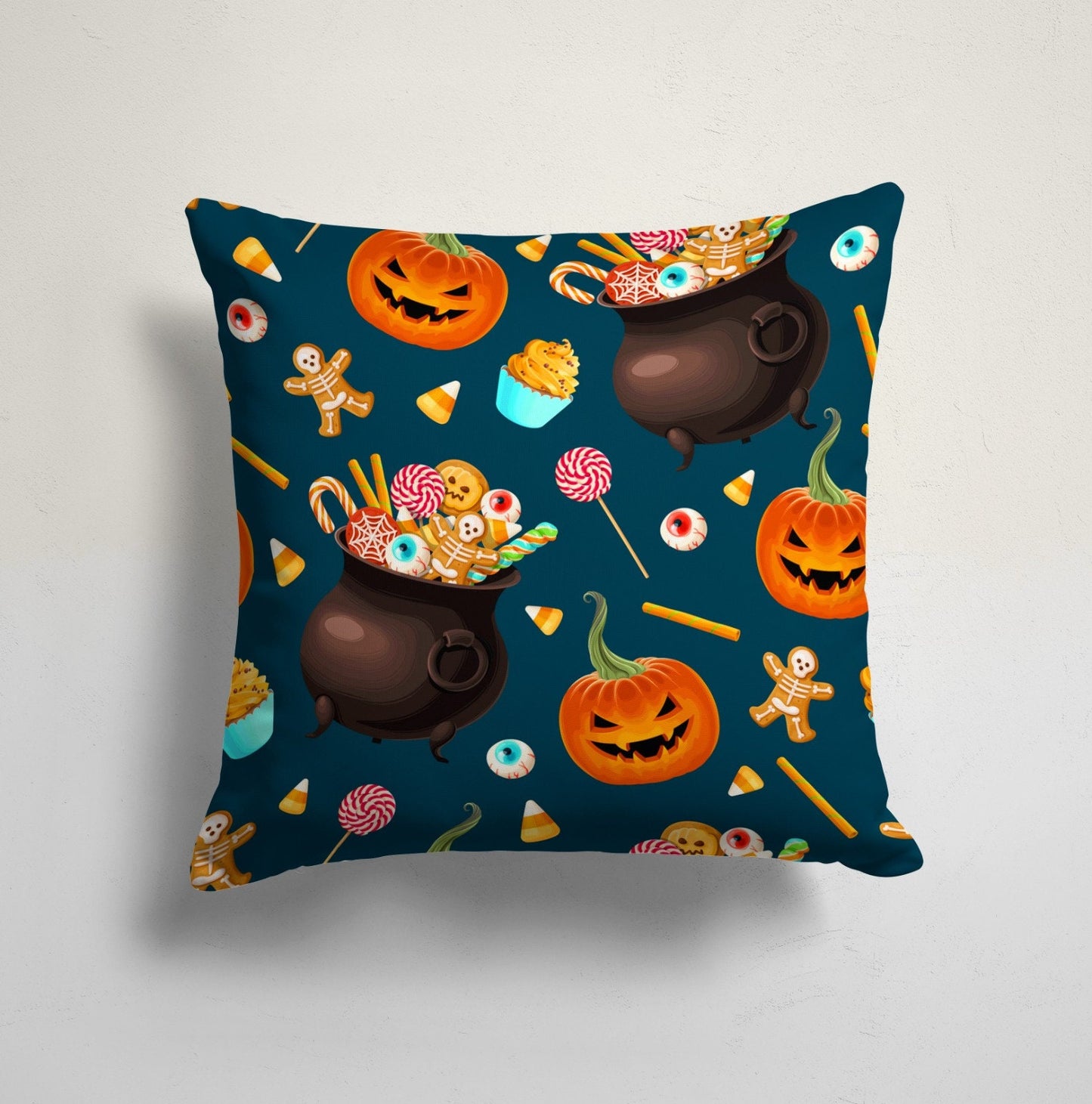 Halloween Black Cat Pumpkin and Bat Cushion Cover