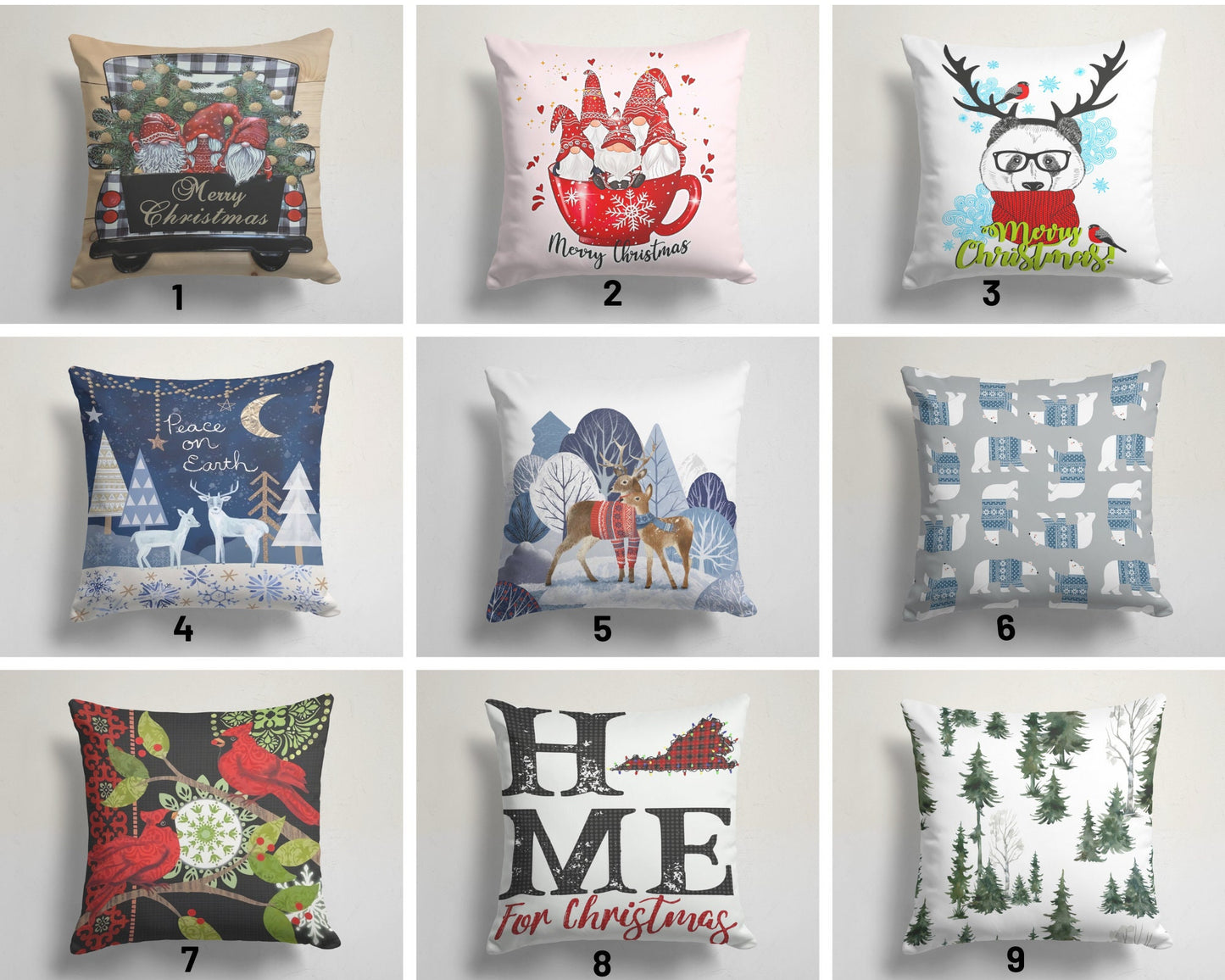 Gnomes Deer Bear Red Pattern Christmas Cushion Cover