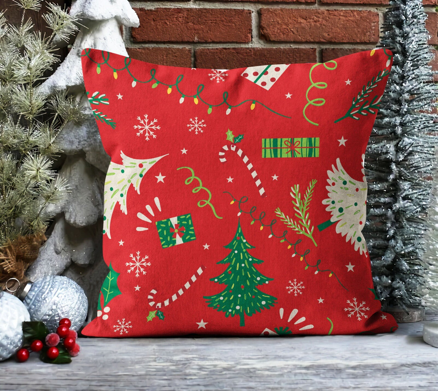 Santa, Red Nordic Christmas, Snowflake Pattern Cushion Cover