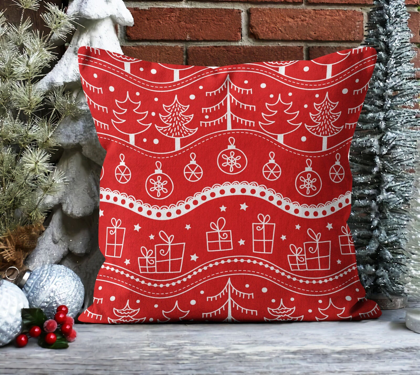 Santa, Red Nordic Christmas, Snowflake Pattern Cushion Cover