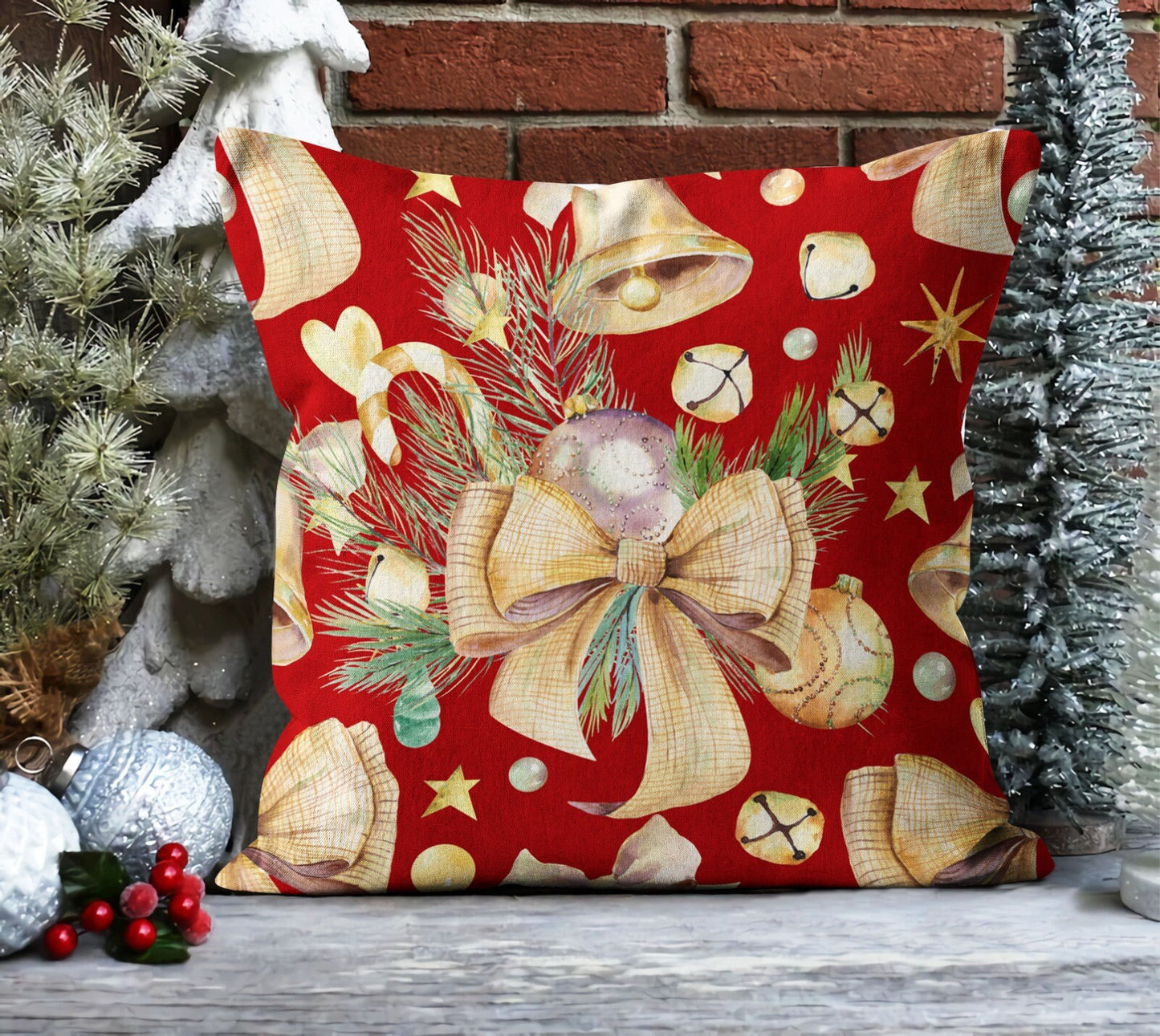 Santa, Red Nordic Christmas, Snowflake Pattern Cushion Cover