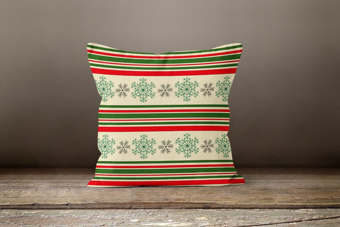 Reindeer Faces on Red Cushion Cover, Christmas Stripes Green