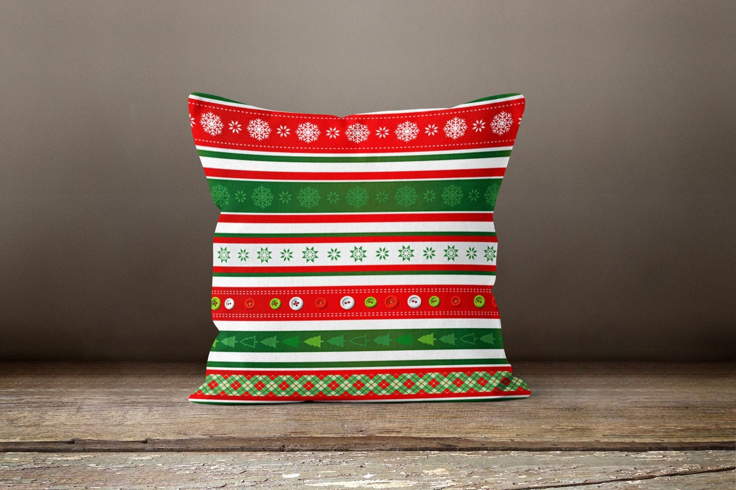 Reindeer Faces on Red Cushion Cover, Christmas Stripes Green