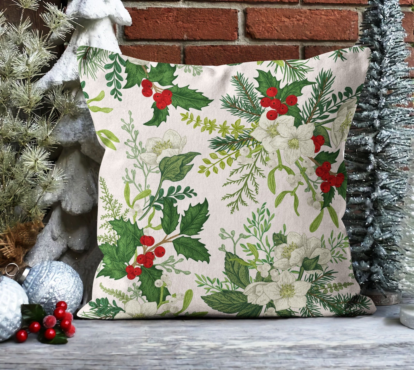 Golden Holly Cushion Cover, Christmas Charm, Eucalyptus and Berry