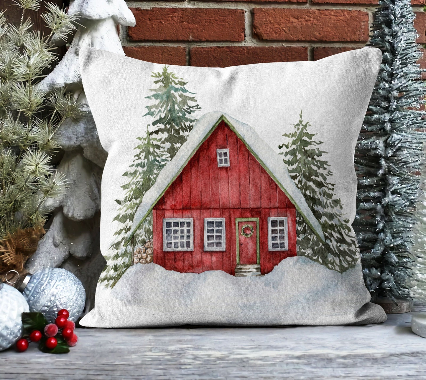 Vintage Christmas House, Truck Cushion Cover, Snowy Landscape