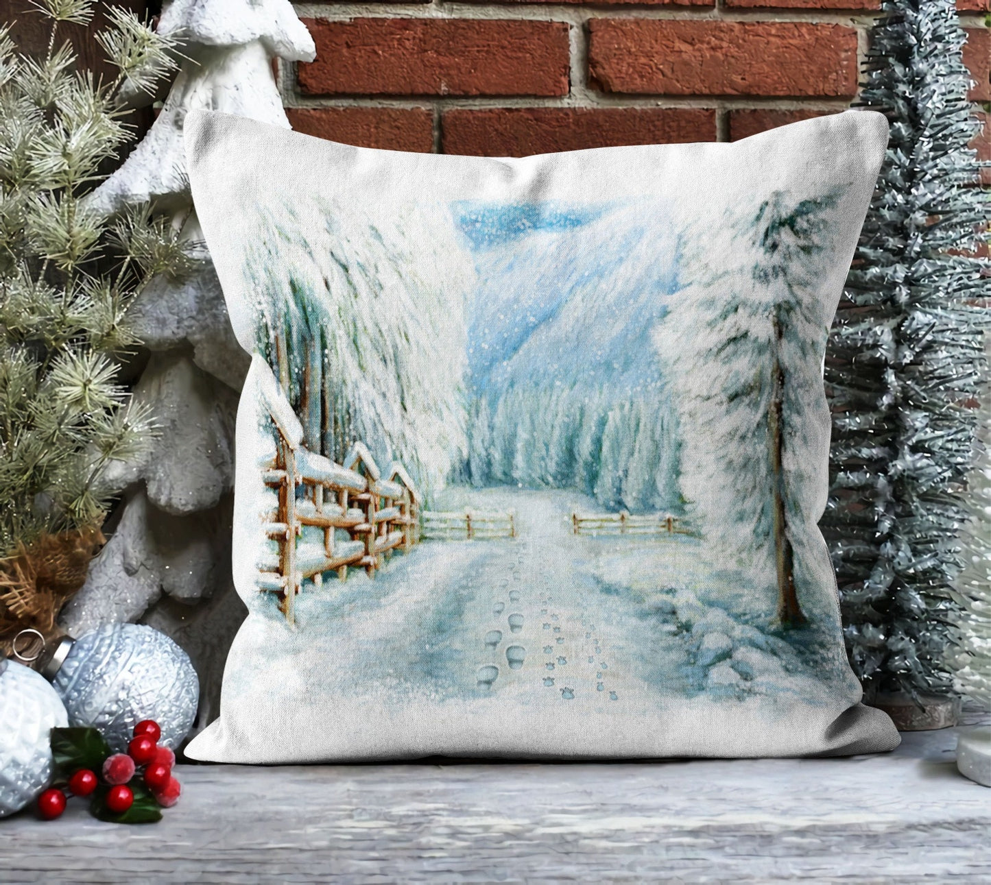 Vintage Christmas House, Truck Cushion Cover, Snowy Landscape
