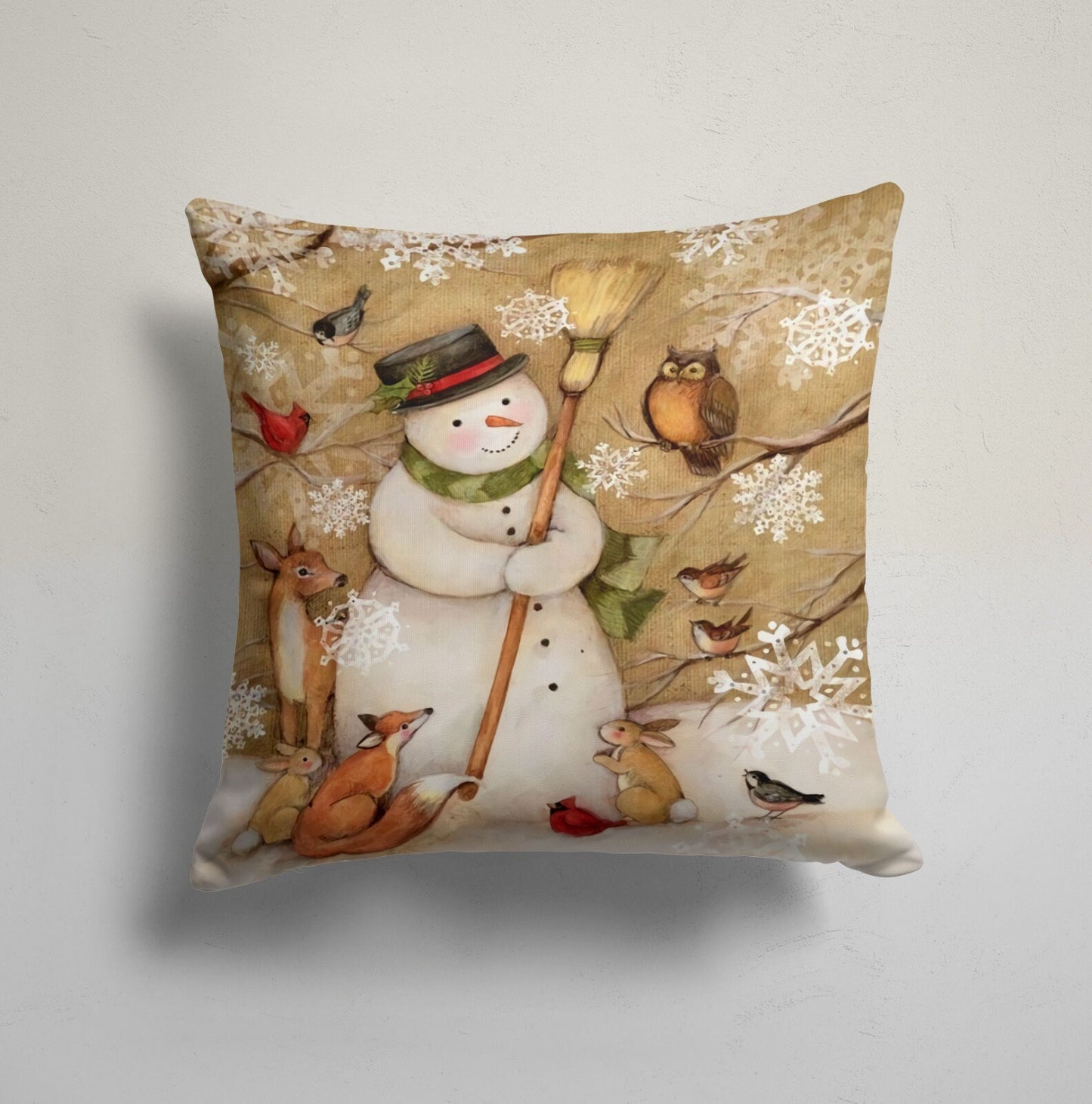 Christmas Cushion Cover with Snowman Reindeer Holly Noel