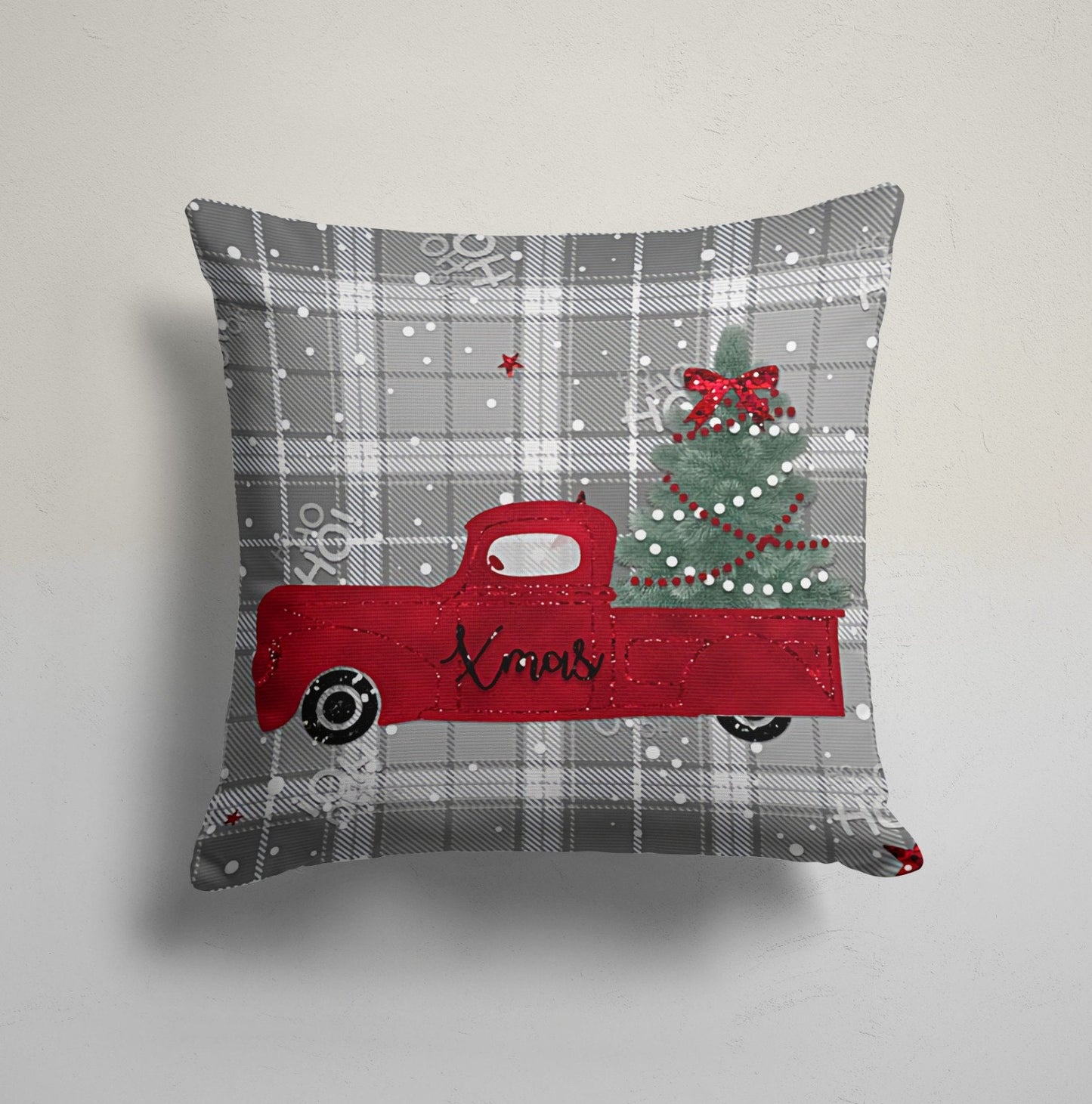 Christmas Red Truck Deer and Bell Printed Throw Cushion Cover