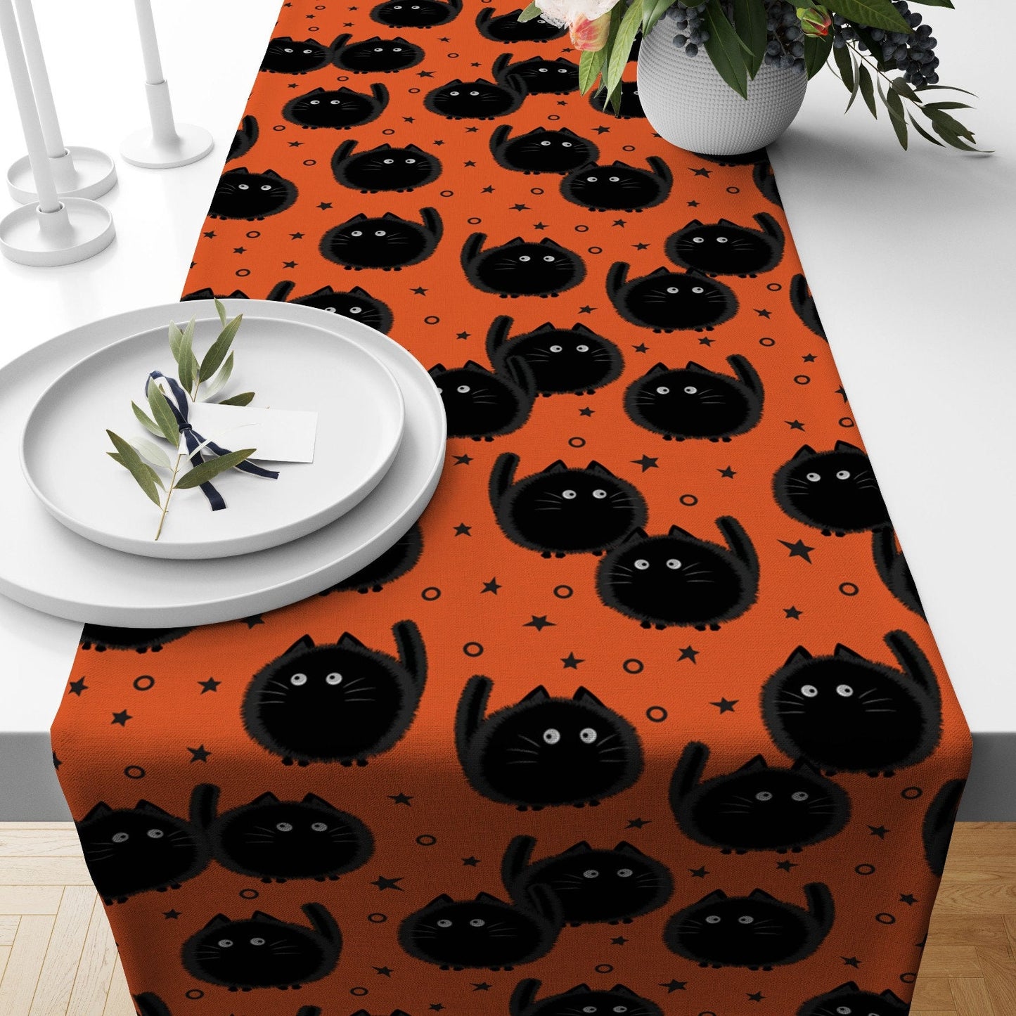 Black Cat Witch Broom Orange Halloween Table Runner