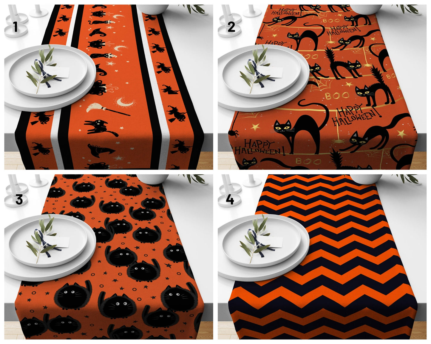 Black Cat Witch Broom Orange Halloween Table Runner