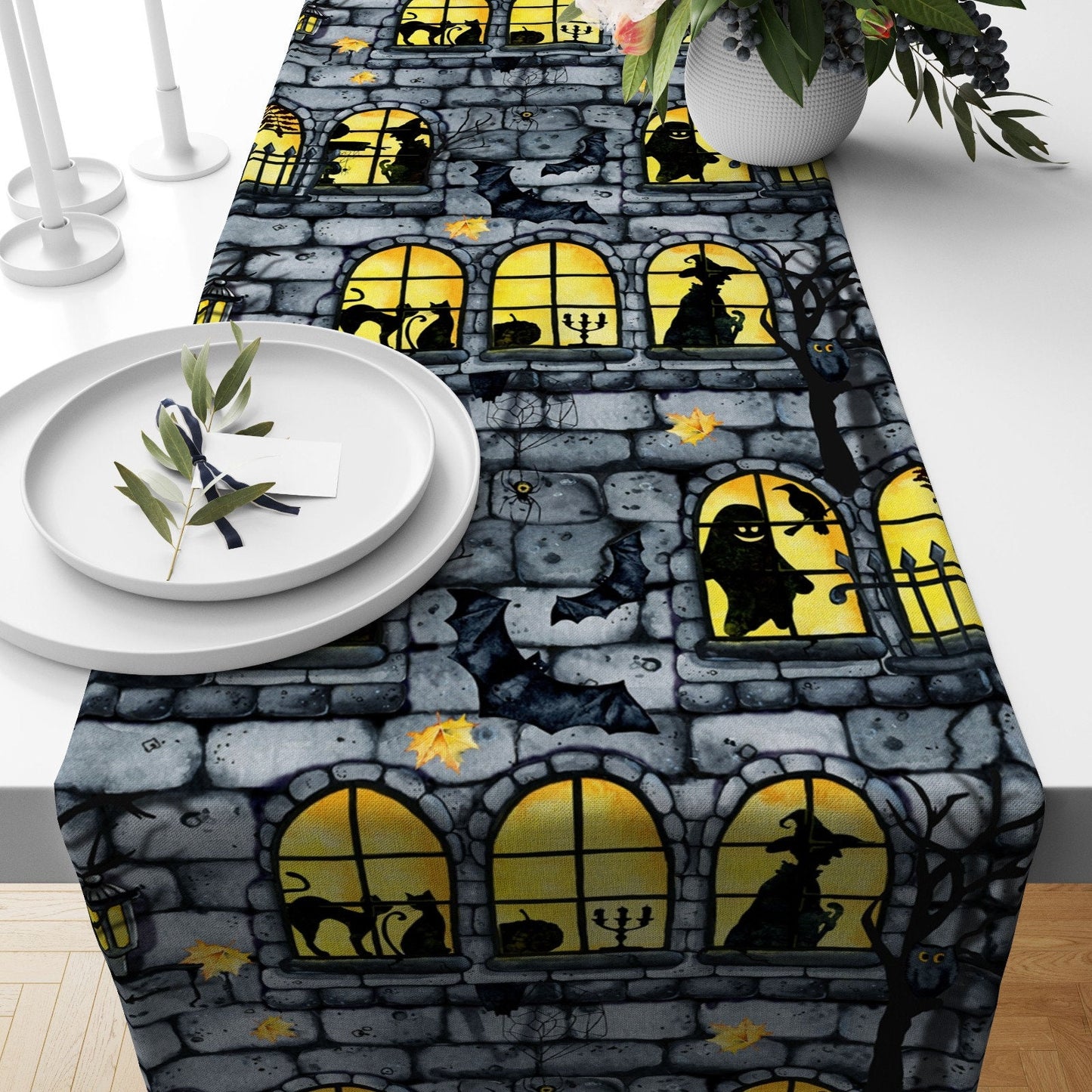 Ghost House Halloween Table Runner