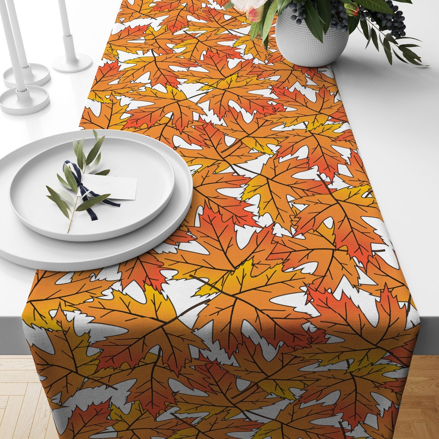 Autumn Leaf Green Brown Fall Decor Table Runner