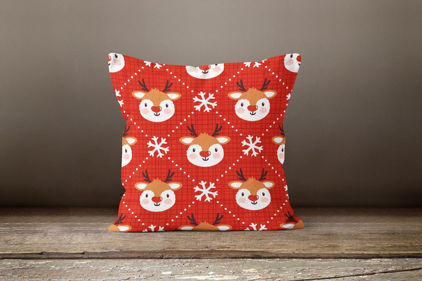 Reindeer Faces on Red Cushion Cover, Christmas Stripes Green