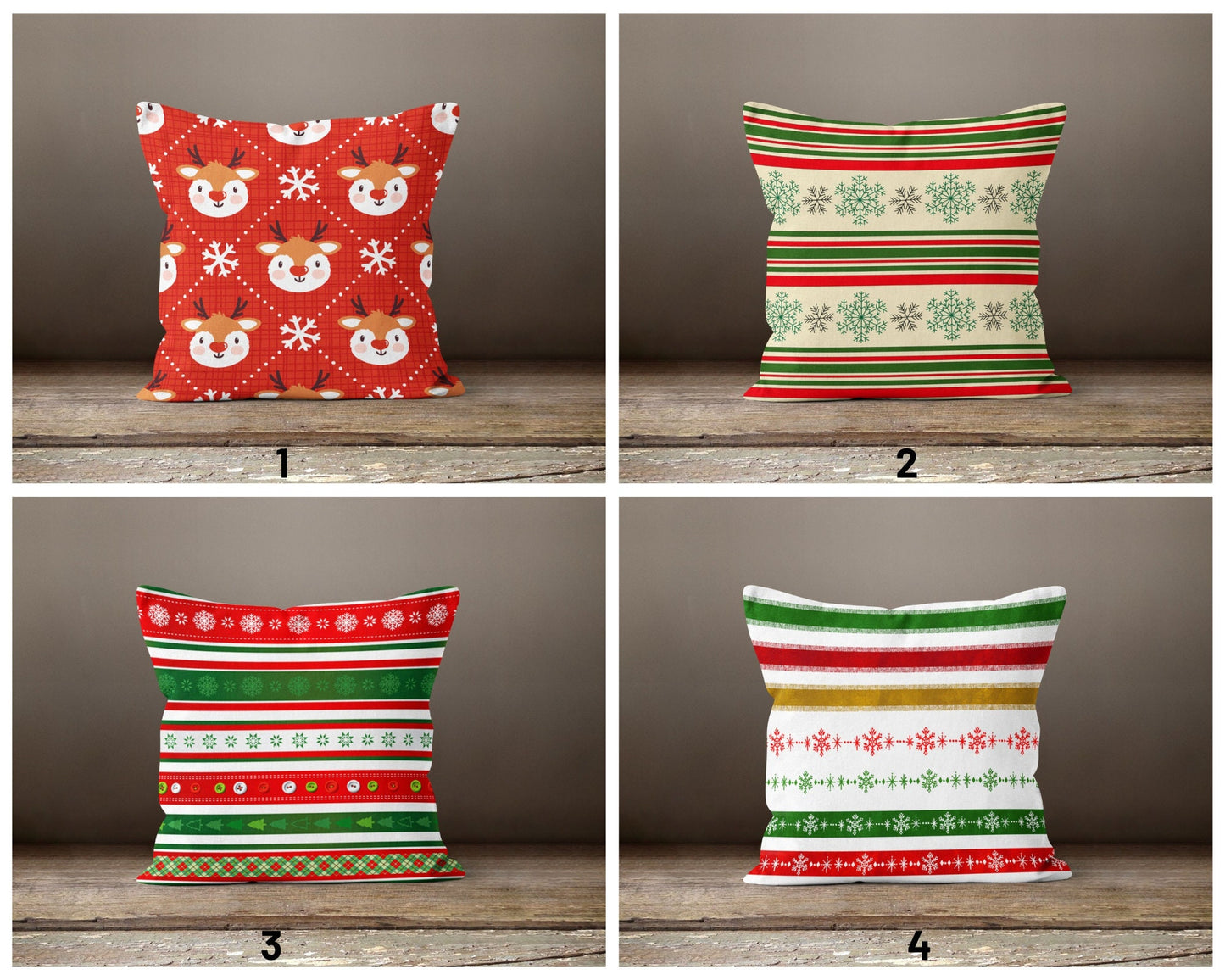 Reindeer Faces on Red Cushion Cover, Christmas Stripes Green