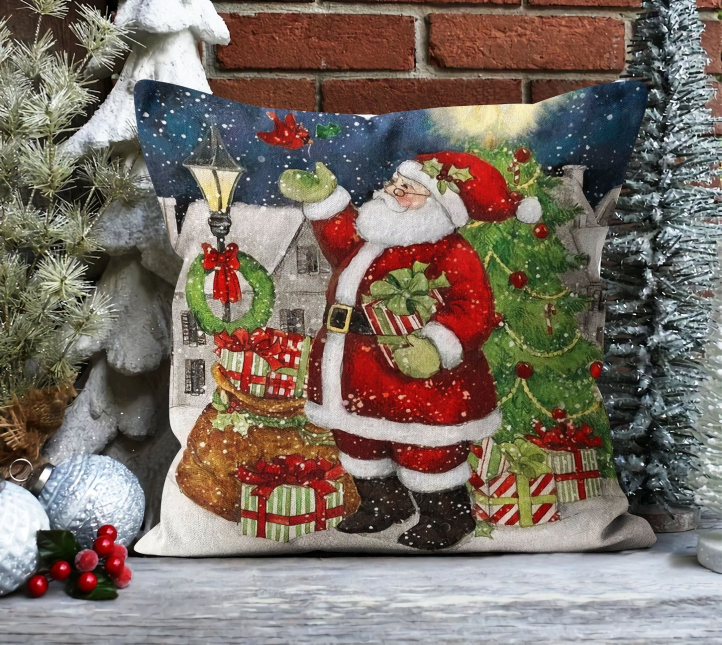 Winter Moonlight Cushion Cover, Christmas Santa and Gifts