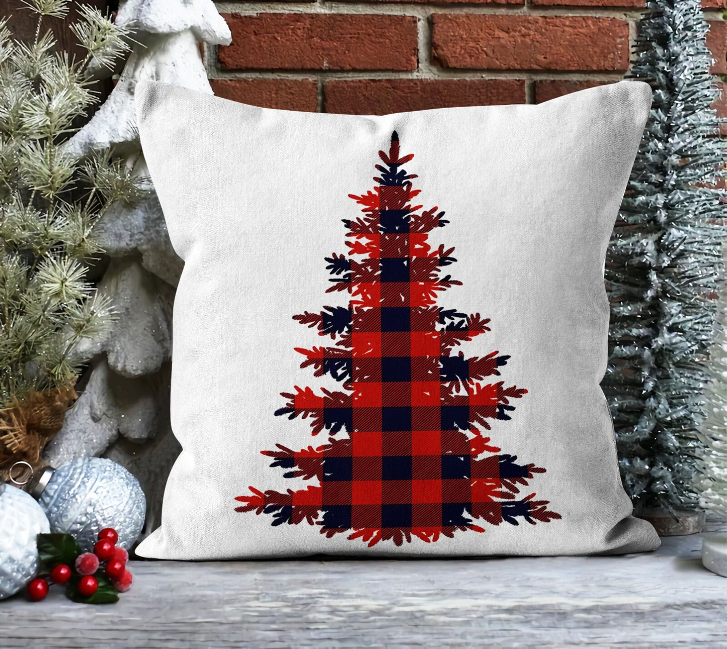 Plaid Christmas Tree Cushion Cover, Pine Cones and Bird with Plaid Basket