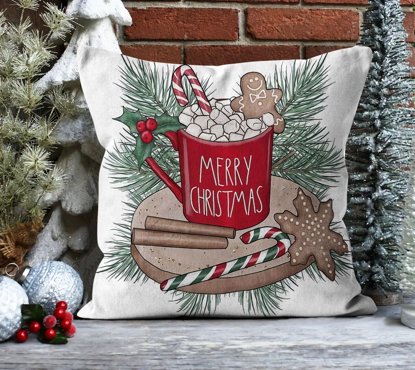 Plaid Christmas Tree Cushion Cover, Pine Cones and Bird with Plaid Basket