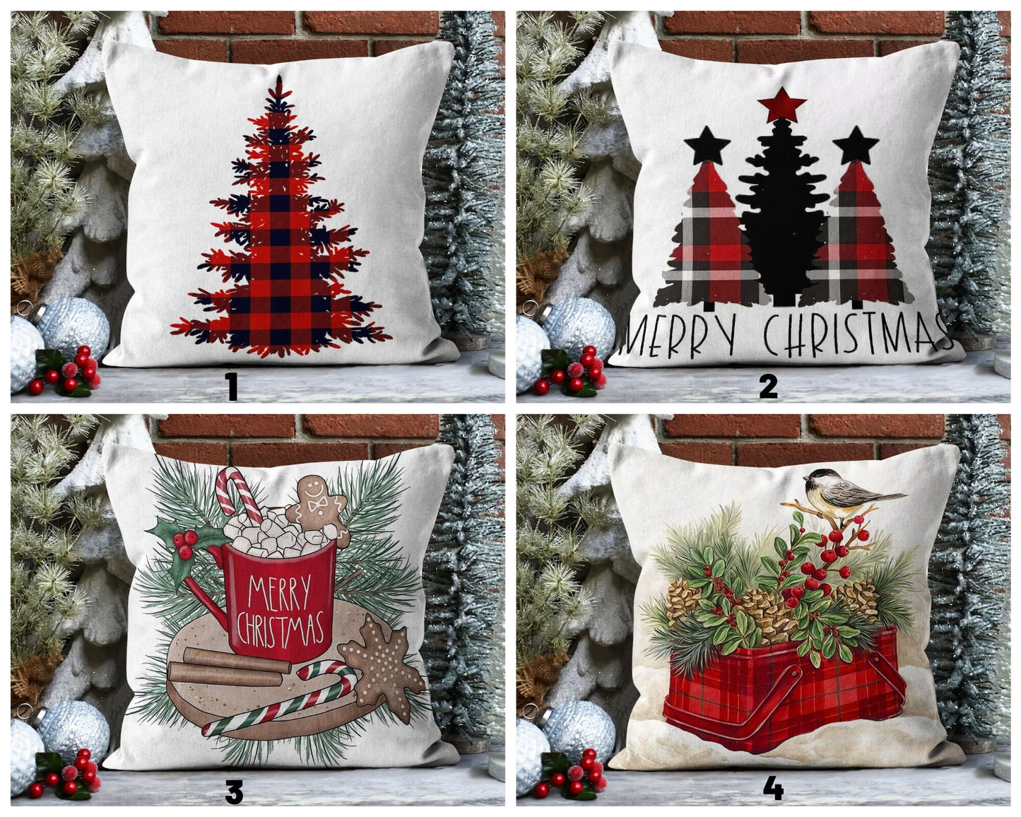 Plaid Christmas Tree Cushion Cover, Pine Cones and Bird with Plaid Basket