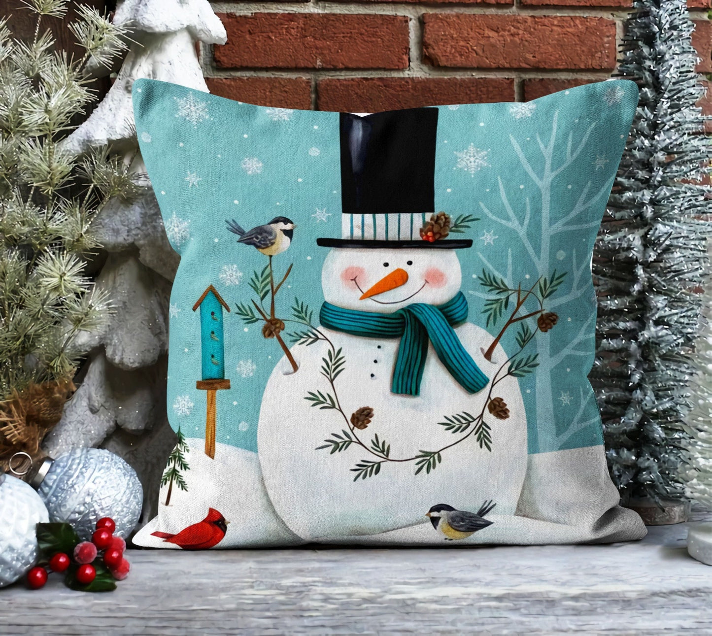 Winter Cat Wonderland Cushion Cover, Rustic Blue Snowflake