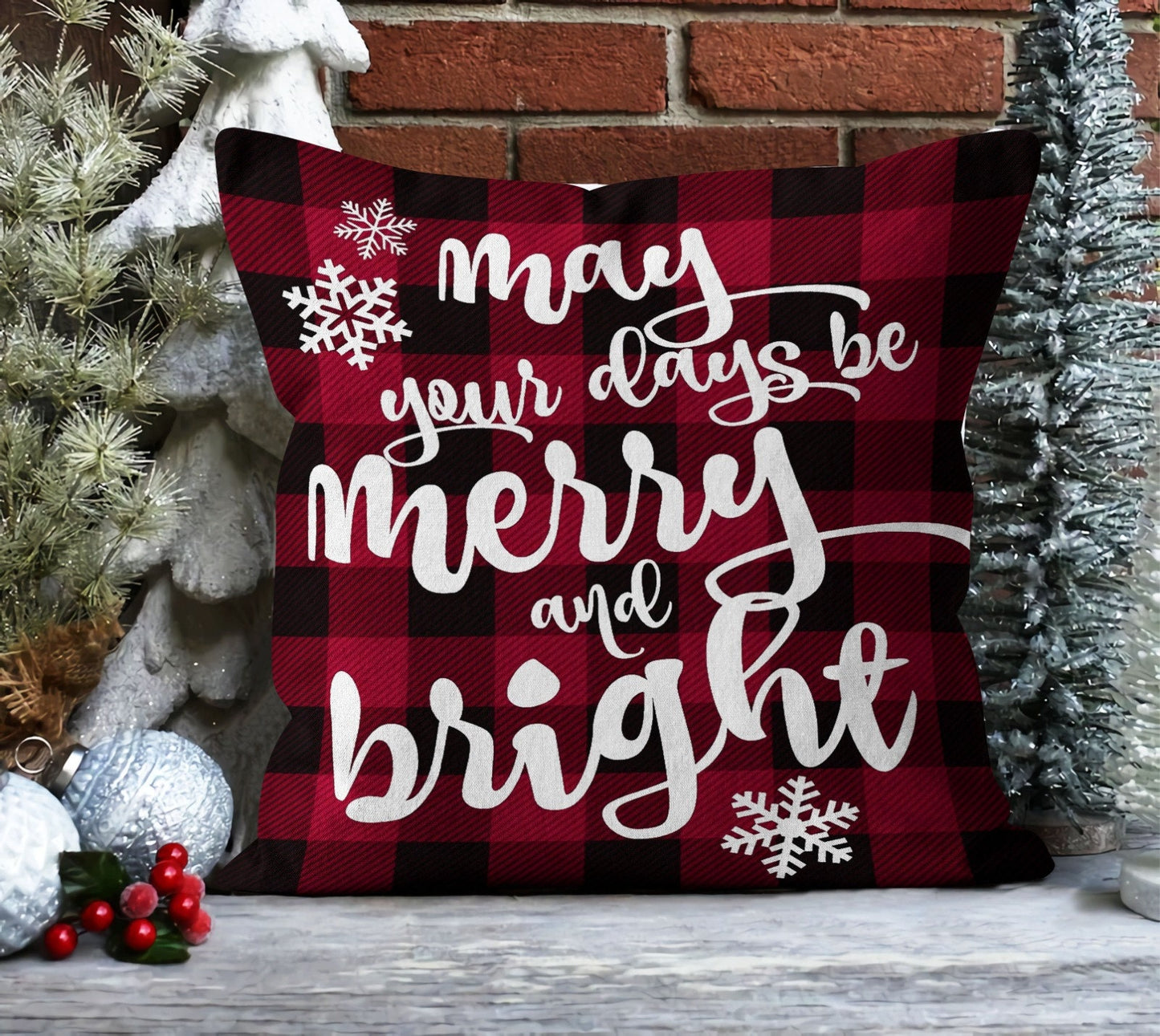 Plaid Christmas Forest Cushion Cover, Classic Red Plaid Design