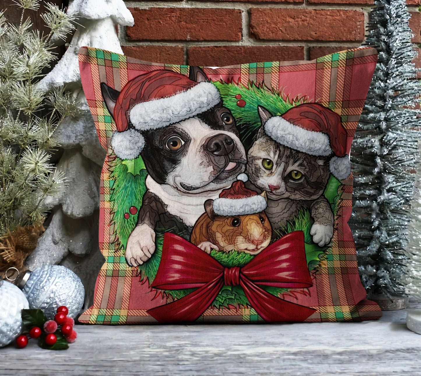 Plaid Christmas Forest Cushion Cover, Classic Red Plaid Design