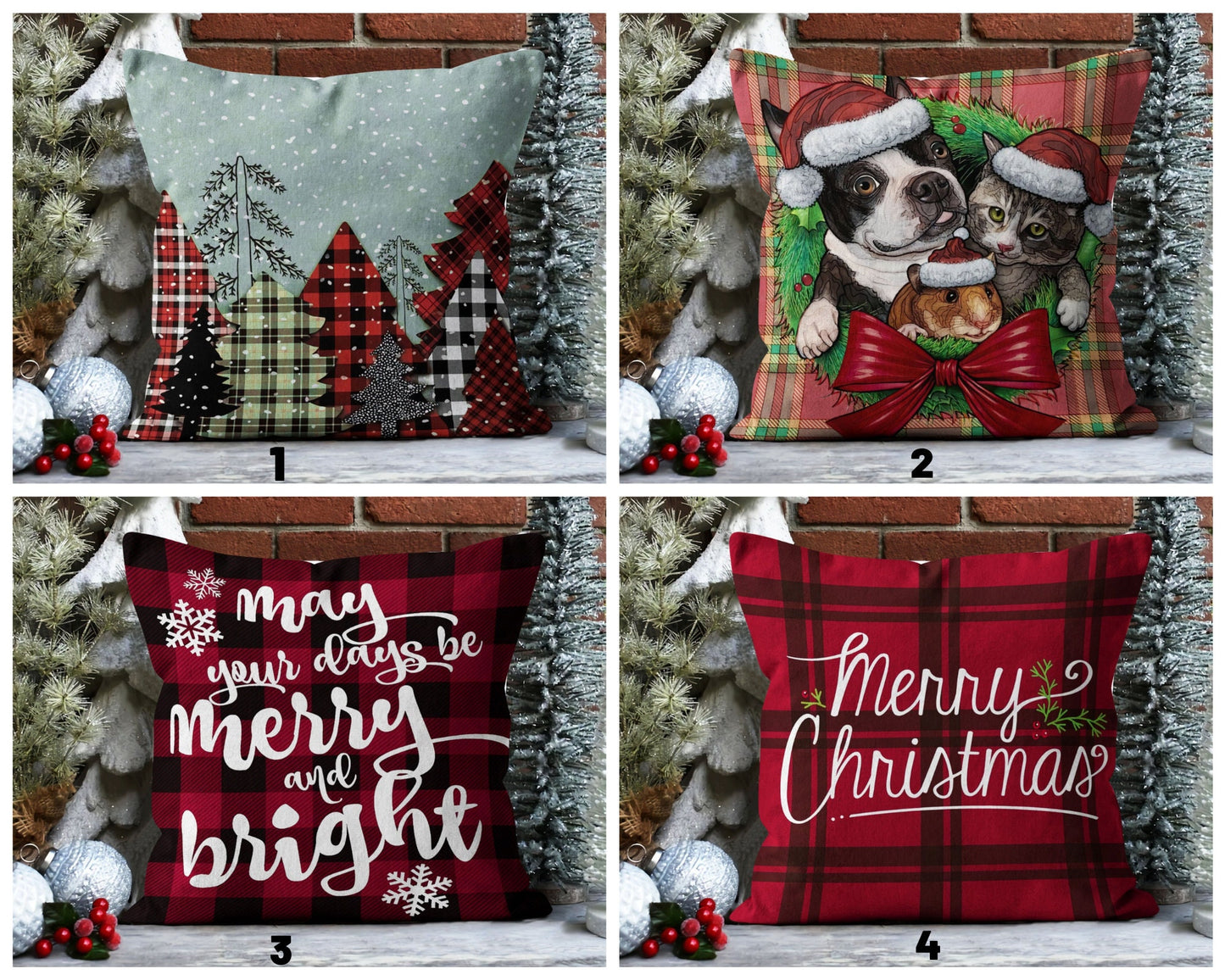 Plaid Christmas Forest Cushion Cover, Classic Red Plaid Design