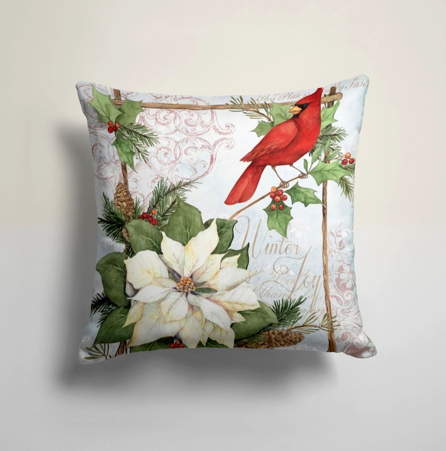 Xmas Cardinal Flower Print Christmas Cushion Cover