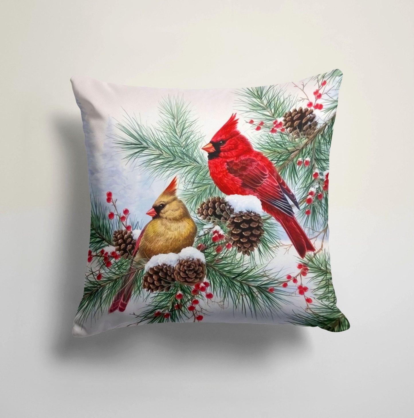 Xmas Cardinal Flower Print Christmas Cushion Cover