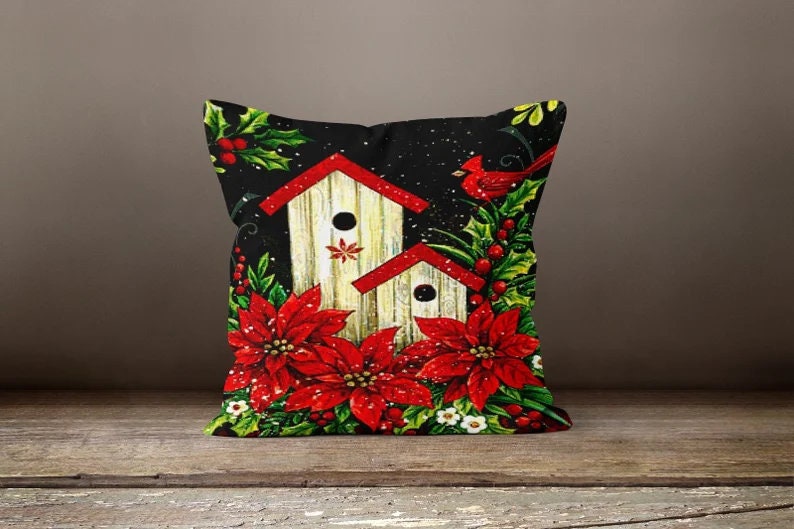 Christmas Cardinal Flower Festive Holiday Cushion Cover