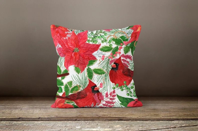 Christmas Cardinal Flower Festive Holiday Cushion Cover