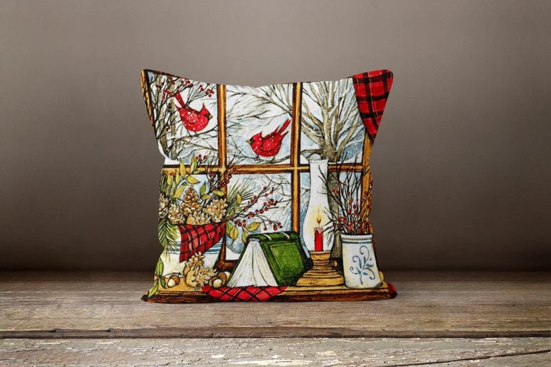 Christmas Cardinal Flower Festive Holiday Cushion Cover
