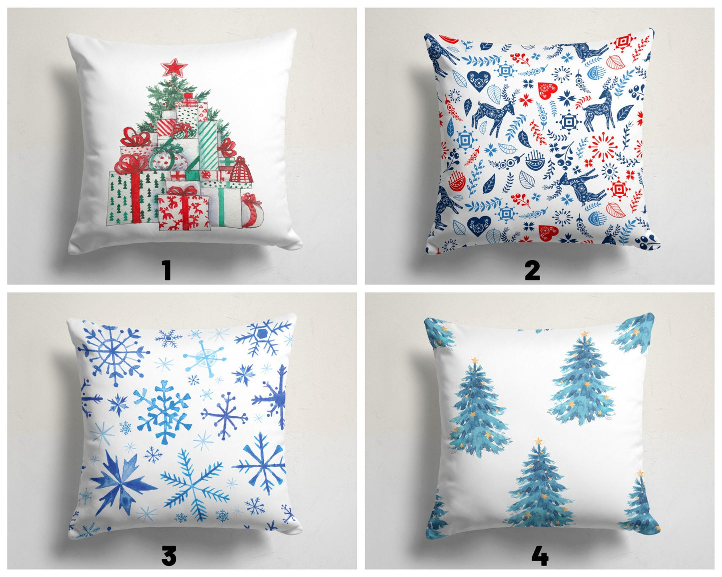 Nordic Folk Art Cushion Cover with Reindeer Red, Blue Patterns