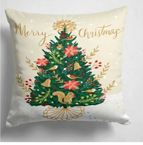 Christmas Cushion Cover with Festive Tree and Woodland Animals