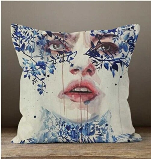 Blue Portrait Cushion Cover with Floral, Golden Leaf, Butterfly
