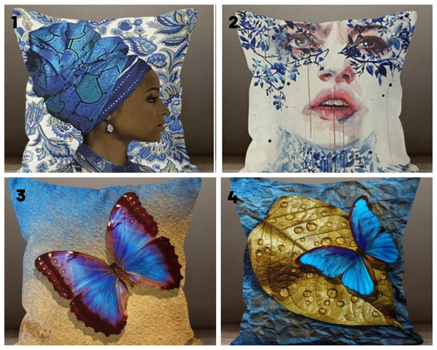 Blue Portrait Cushion Cover with Floral, Golden Leaf, Butterfly