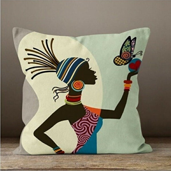 African Woman with Butterfly Cushion Cover, African Drums Style
