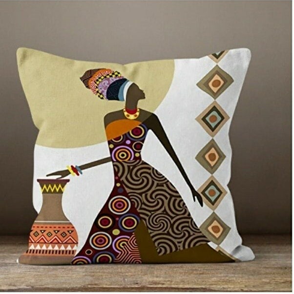 African Woman with Butterfly Cushion Cover, African Drums Style